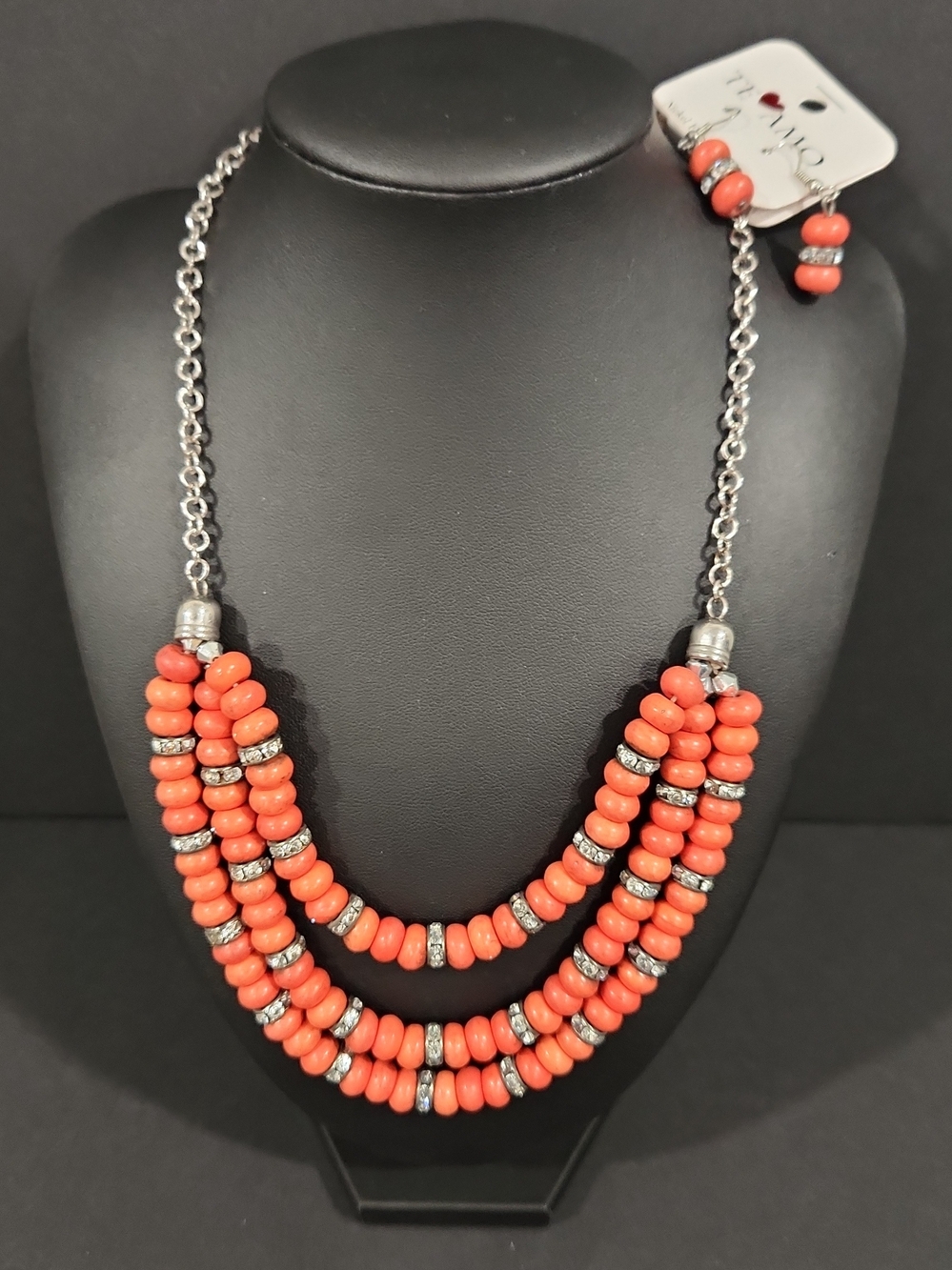 NWT Te Amo Coral Orange Multi-Strand Statement Necklace & Dangle Earrings Set